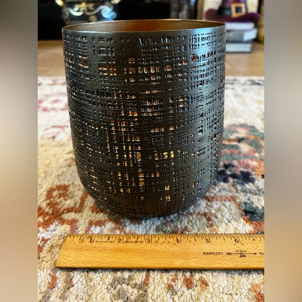 World Market Antique Pewter Tapered Crosshatch Textured Brown Candle Holder